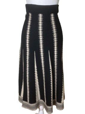 Wool Blend Midi Skirt 8 • Black & White Pattern • A-Line Knit